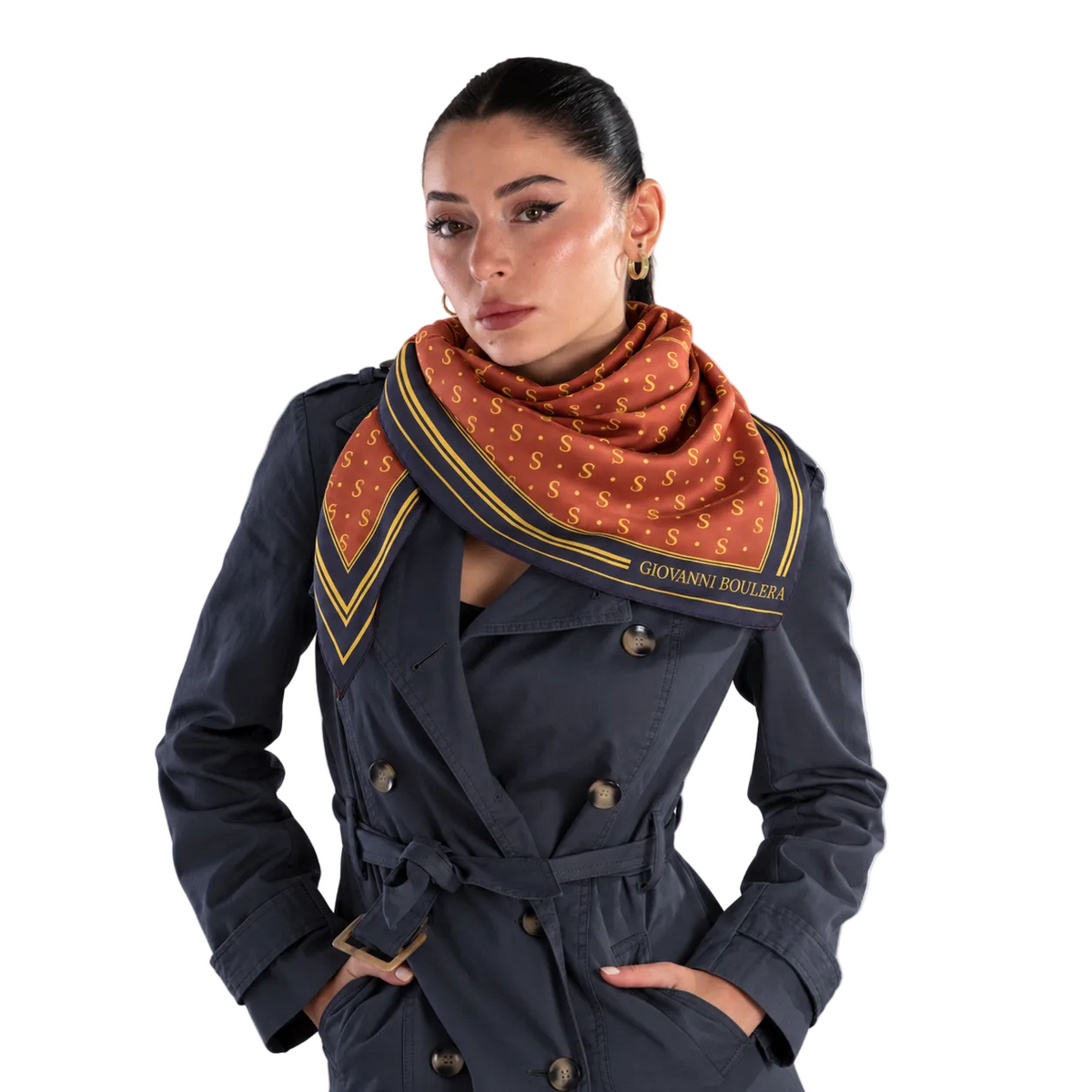Giovanni Boulera Terracotta Monogram Desenli Mulberry Twill İpek Eşarp 90x90 cm