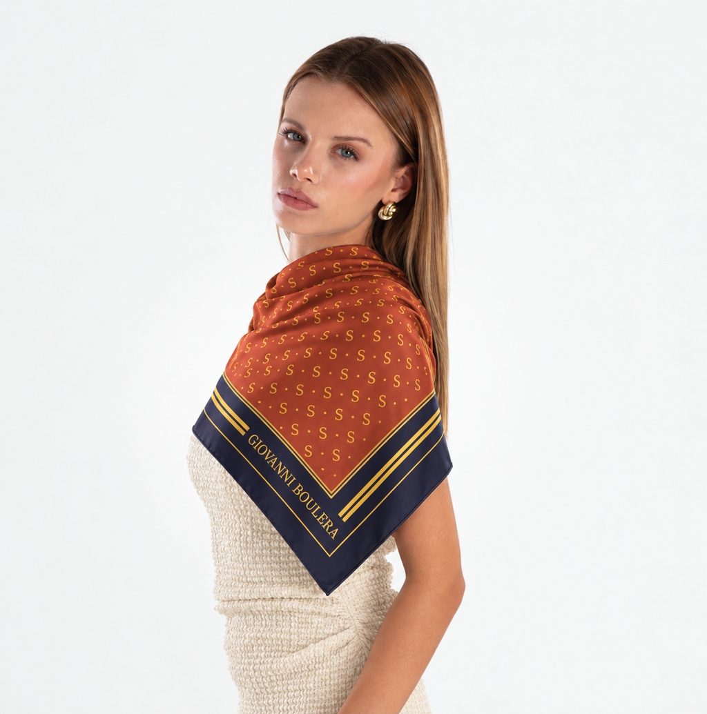 Giovanni Boulera Terracotta Monogram Pattern Mulberry Twill Silk Scarf 90x90 cm