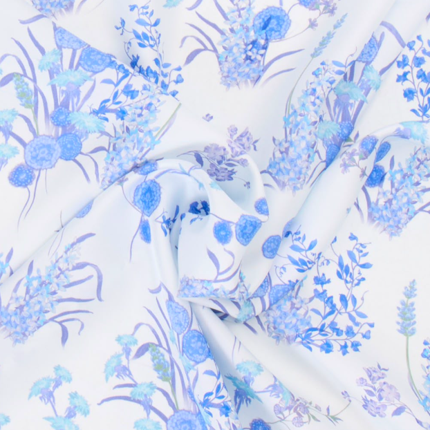 Giovanni Boulera Blue Wildflower Patterned Mulberry Twill Silk Scarf 90x90 cm