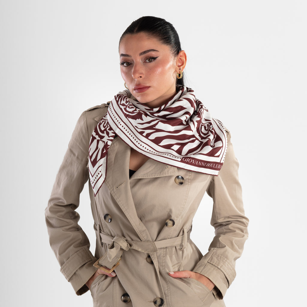 Giovanni Boulera Burgundy Tiger Print Mulberry Twill Silk Scarf 90x90 cm