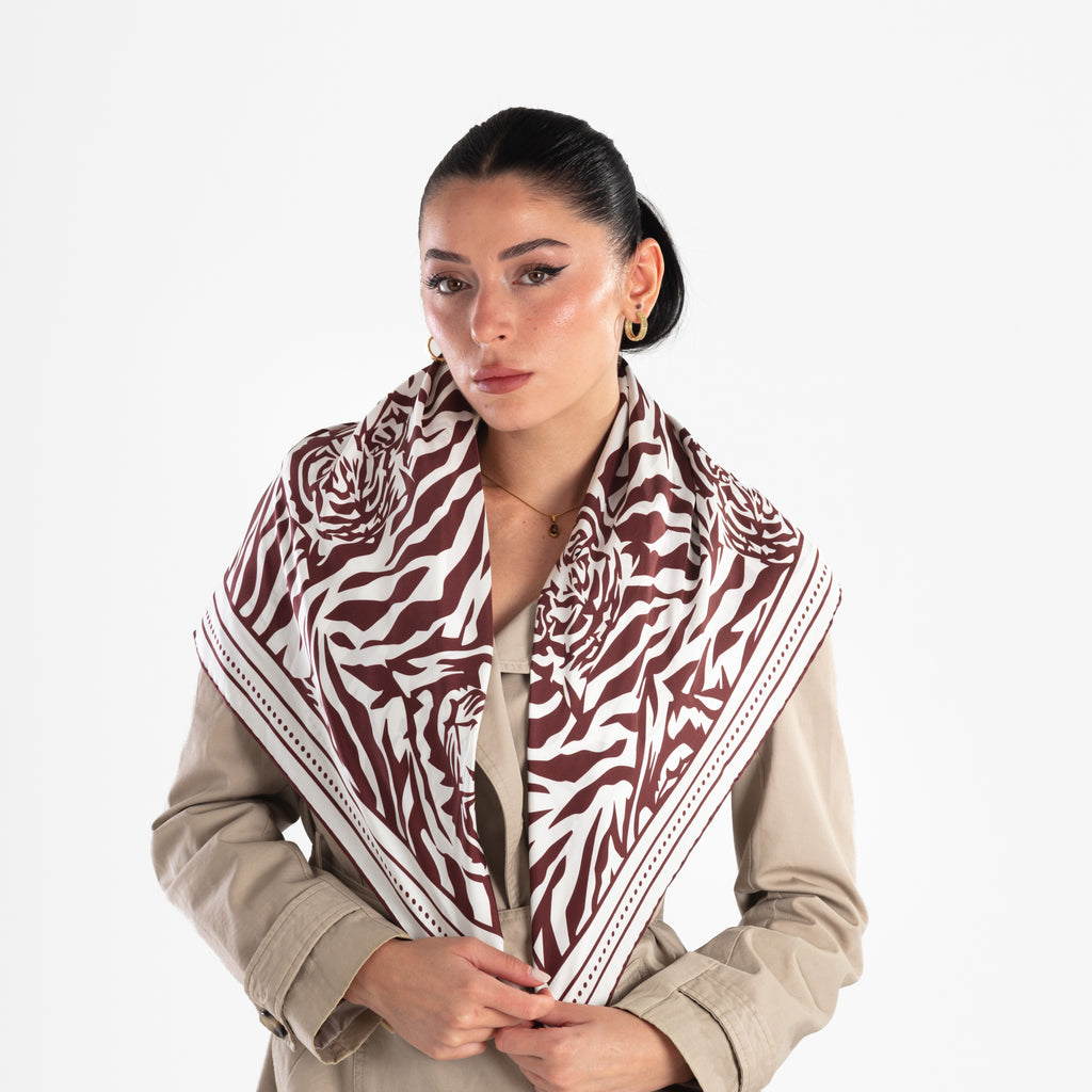 Giovanni Boulera Burgundy Tiger Print Mulberry Twill Silk Scarf 90x90 cm