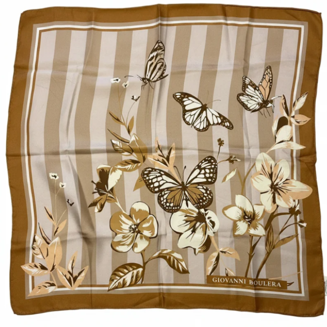 Giovanni Boulera Golden Butterfly Garden Mulberry Twill Silk Scarf 65 cm x 65 cm