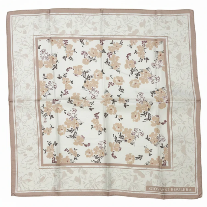 Giovanni Boulera Beige Flower Garden Mulberry Twill Silk Scarf 65 cm x 65 cm