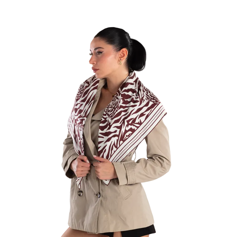 Giovanni Boulera Burgundy Tiger Print Mulberry Twill Silk Scarf 90x90 cm