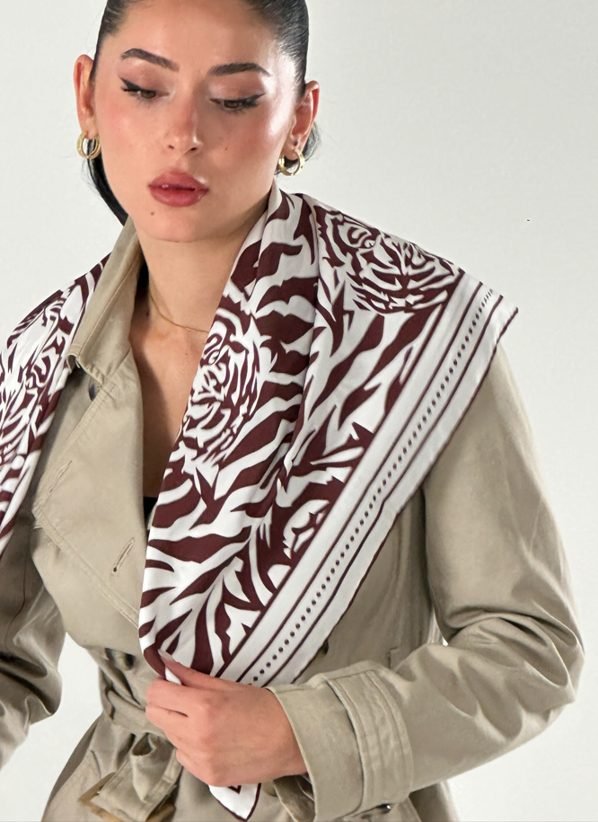 Giovanni Boulera Burgundy Tiger Print Mulberry Twill Silk Scarf 90x90 cm