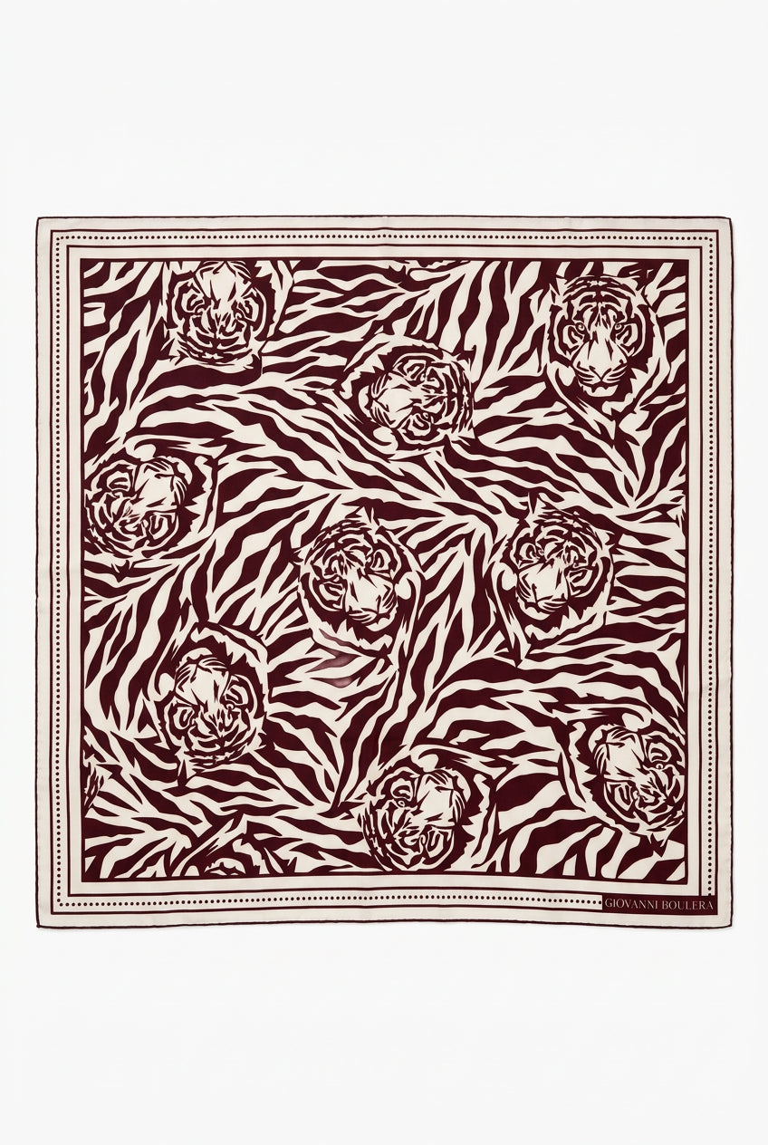 Giovanni Boulera Burgundy Tiger Print Mulberry Twill Silk Scarf 90x90 cm