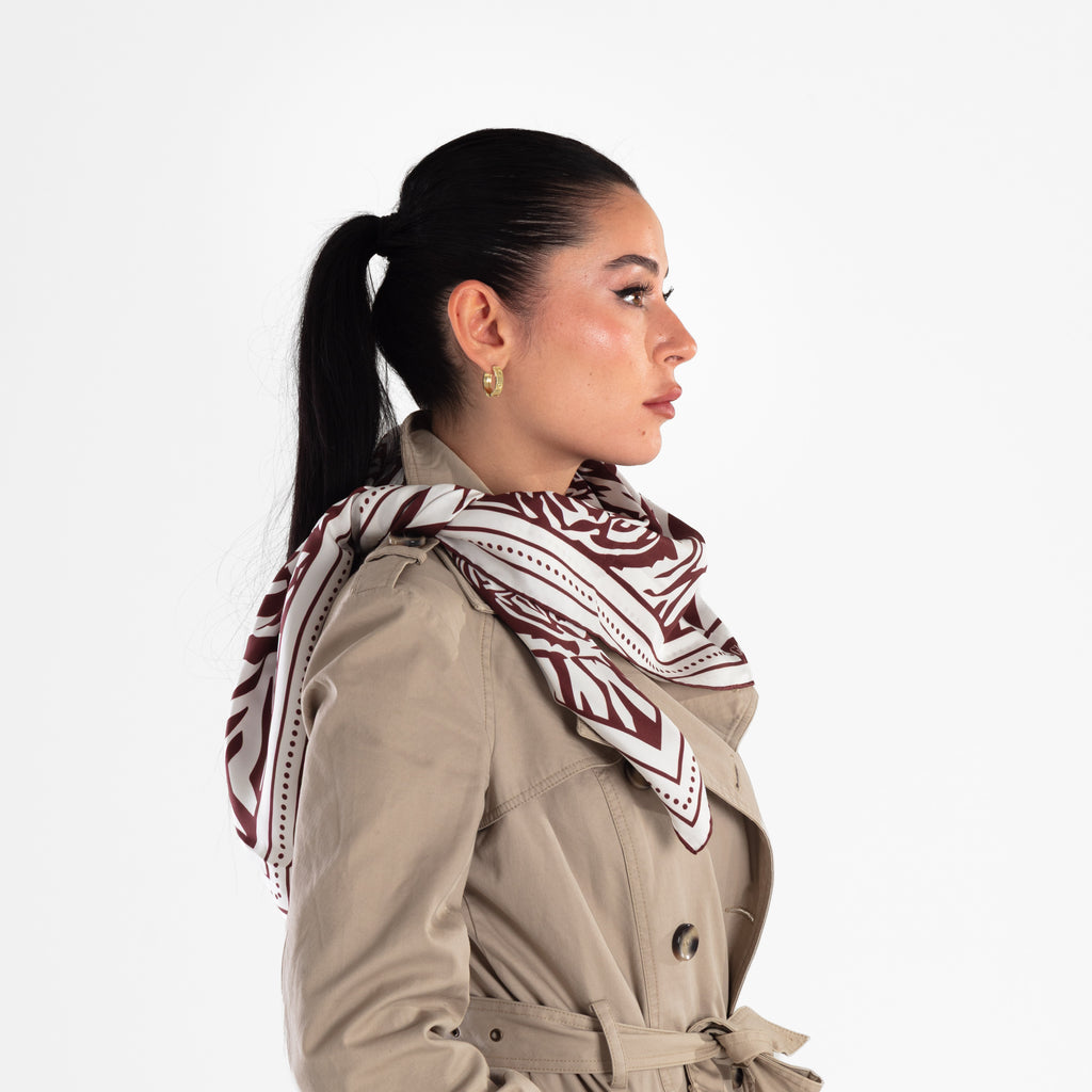 Giovanni Boulera Burgundy Tiger Print Mulberry Twill Silk Scarf 90x90 cm