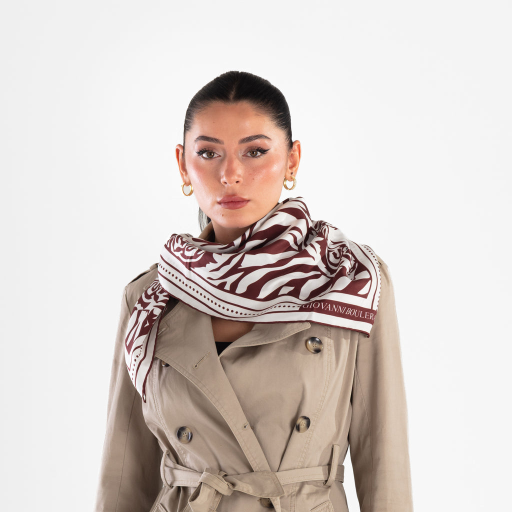 Giovanni Boulera Burgundy Tiger Print Mulberry Twill Silk Scarf 90x90 cm
