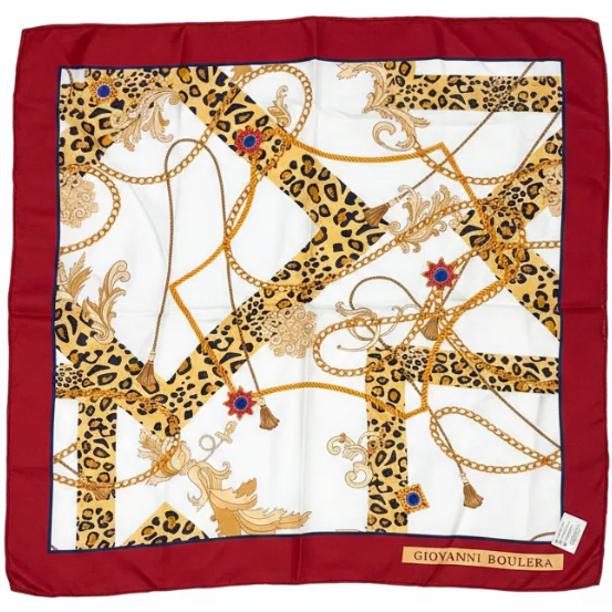 Giovanni Boulera Burgundy Leopard Chain Pattern Mulberry Twill Silk Scarf 65x65 cm