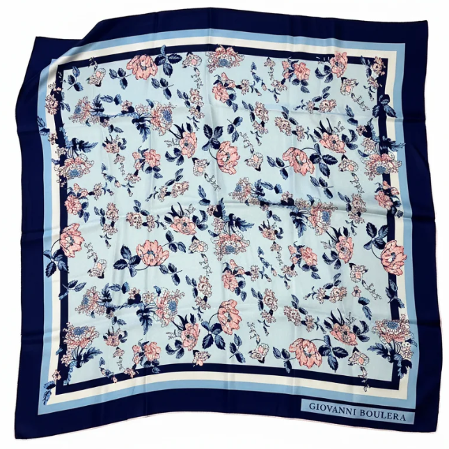 Giovanni Boulera Ice Blue Floral Mulberry Twill Silk Scarf 65x65 cm