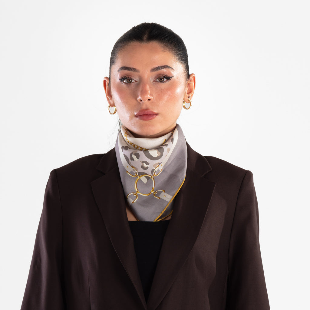 Giovanni Boulera Grey Leopard Chain Pattern Mulberry Twill Silk Scarf 65x65 cm