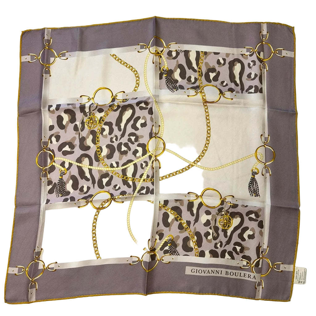 Giovanni Boulera Grey Leopard Chain Pattern Mulberry Twill Silk Scarf 65x65 cm