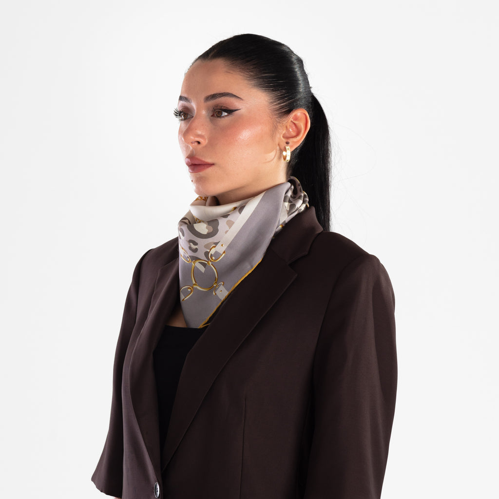 Giovanni Boulera Grey Leopard Chain Pattern Mulberry Twill Silk Scarf 65x65 cm