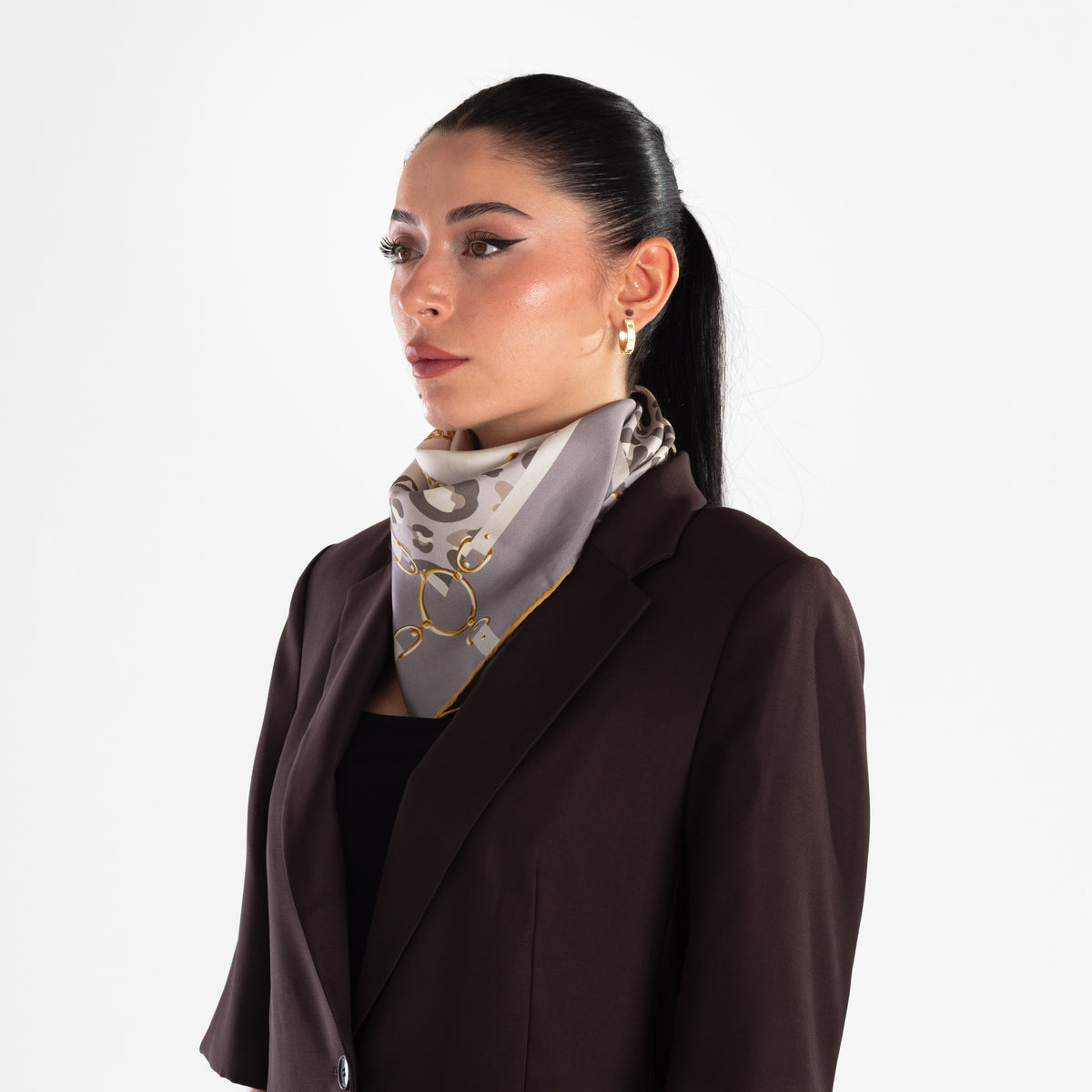 Giovanni Boulera Gri Leopar Zincir Desenli Mulberry Twill İpek Eşarp 65x65 cm