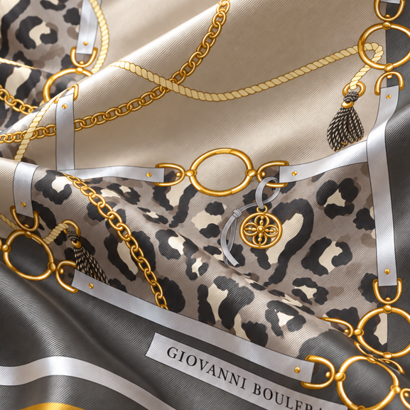 Giovanni Boulera Grey Leopard Chain Pattern Mulberry Twill Silk Scarf 65x65 cm