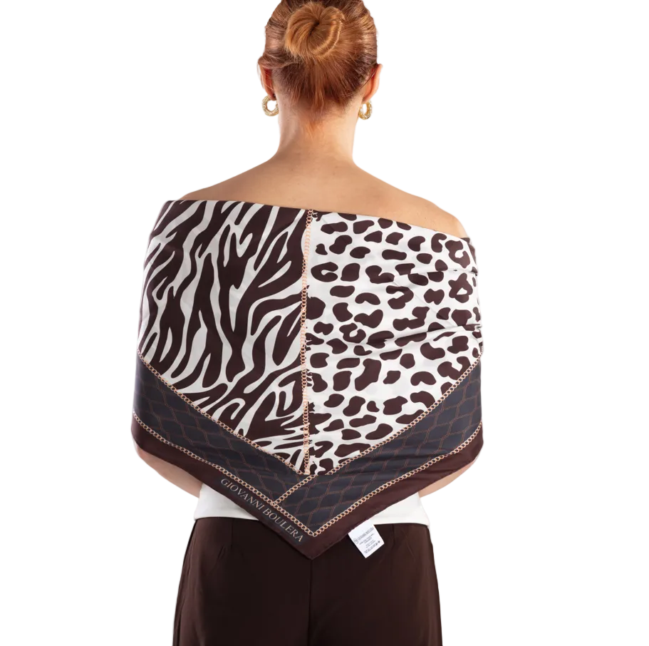 Giovanni Boulera Kahverengi Leopar Desenli Mulberry Twill İpek Eşarp 90x90 cm