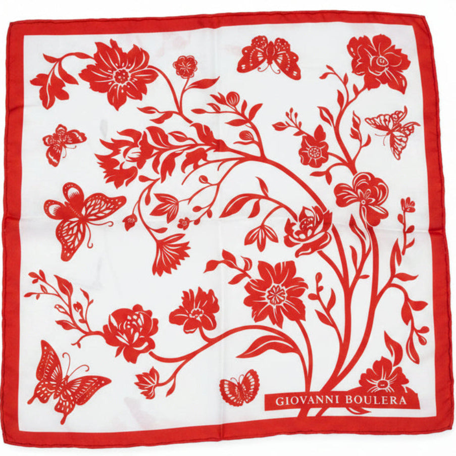 Giovanni Boulera Red Butterfly Garden Mulberry Twill Silk Scarf 50 cm x 50 cm