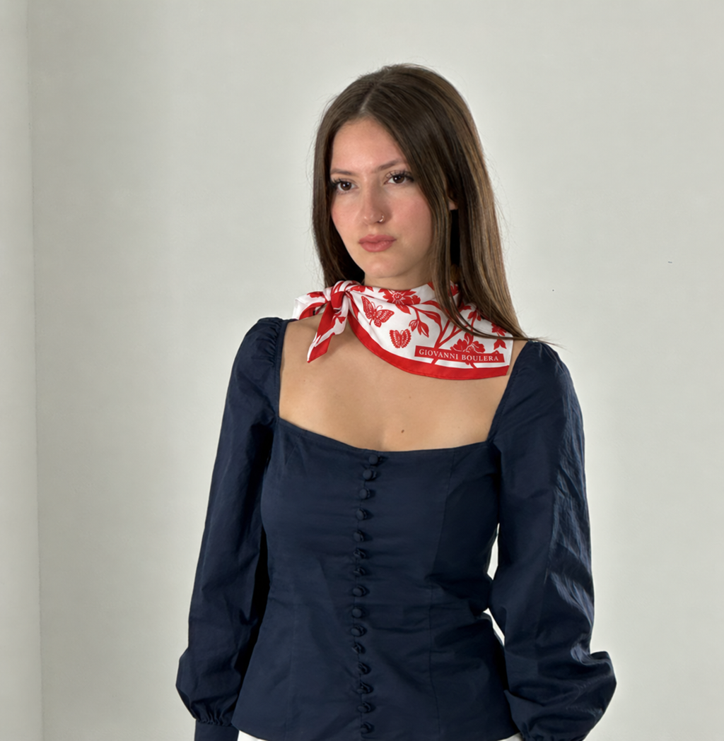 Giovanni Boulera Red Butterfly Garden Mulberry Twill Silk Scarf 50 cm x 50 cm