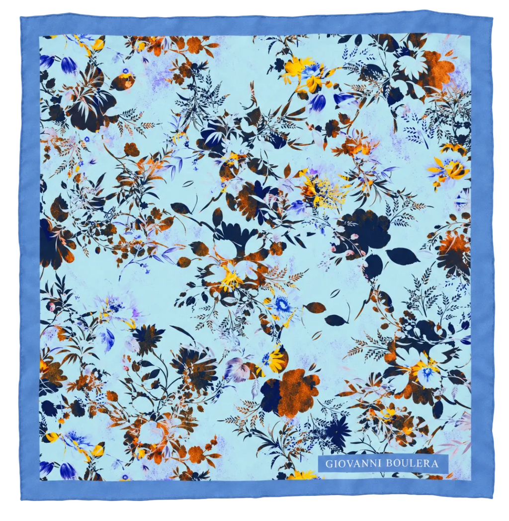 Giovanni Boulera Blue Spring Flowers Patterned Mulberry Twill Silk Scarf 65x65 cm