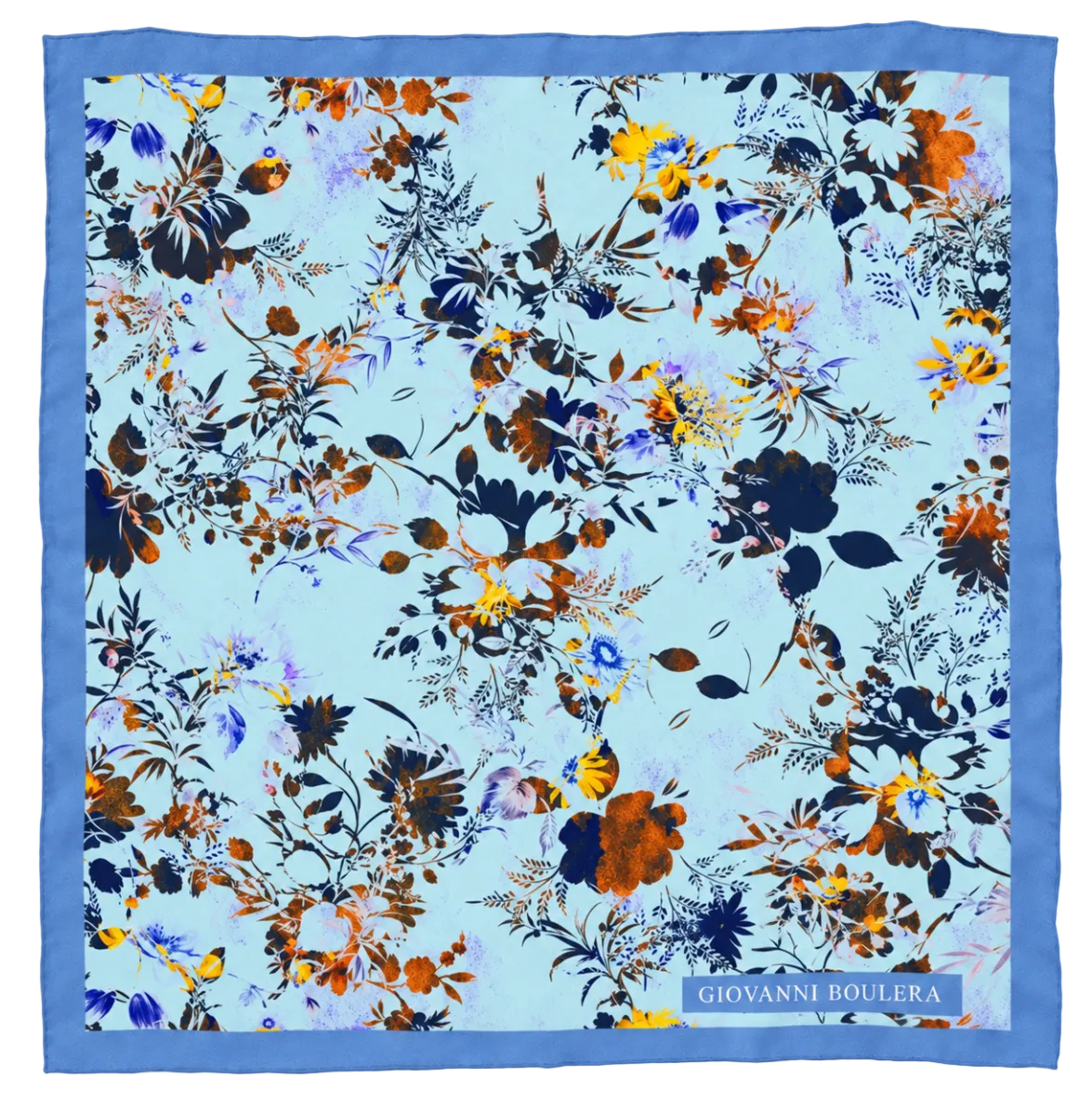 Giovanni Boulera Mavi Bahar Çiçekleri Desenli Mulberry Twill İpek Eşarp 65x65 cm
