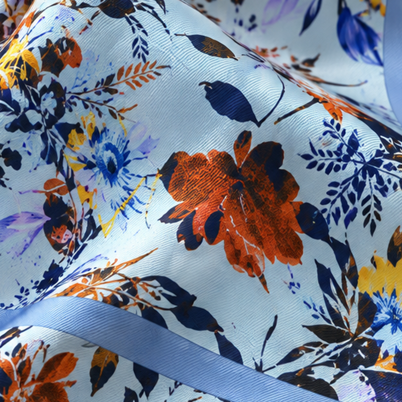 Giovanni Boulera Blue Spring Flowers Patterned Mulberry Twill Silk Scarf 65x65 cm