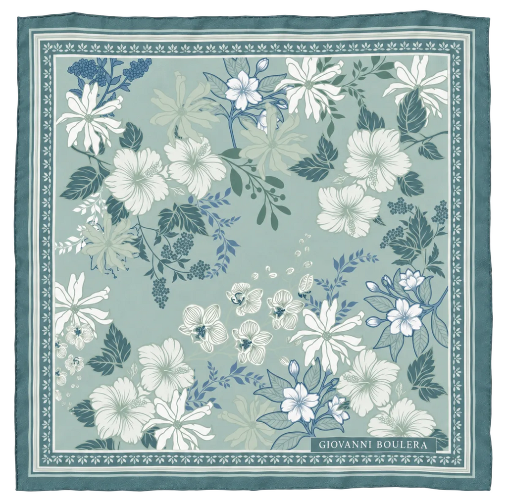 Giovanni Boulera Blue Classic Floral Pattern Mulberry Twill Silk Scarf 65x65 cm
