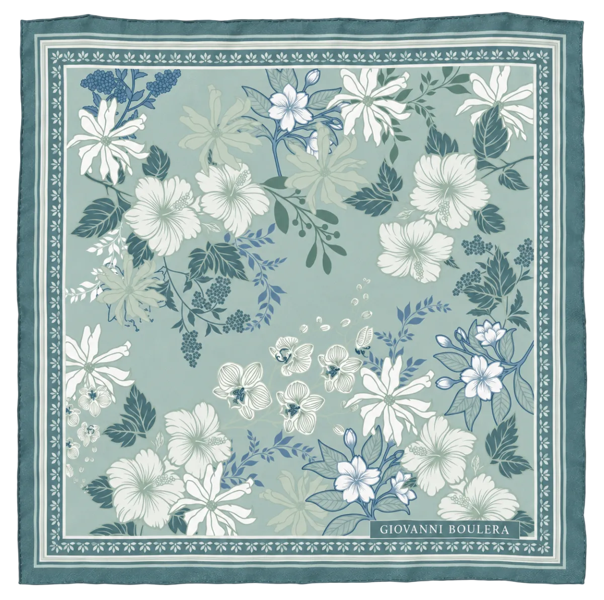 Giovanni Boulera Mavi Klasik Çiçek Desenli Mulberry Twill İpek Eşarp 65x65 cm