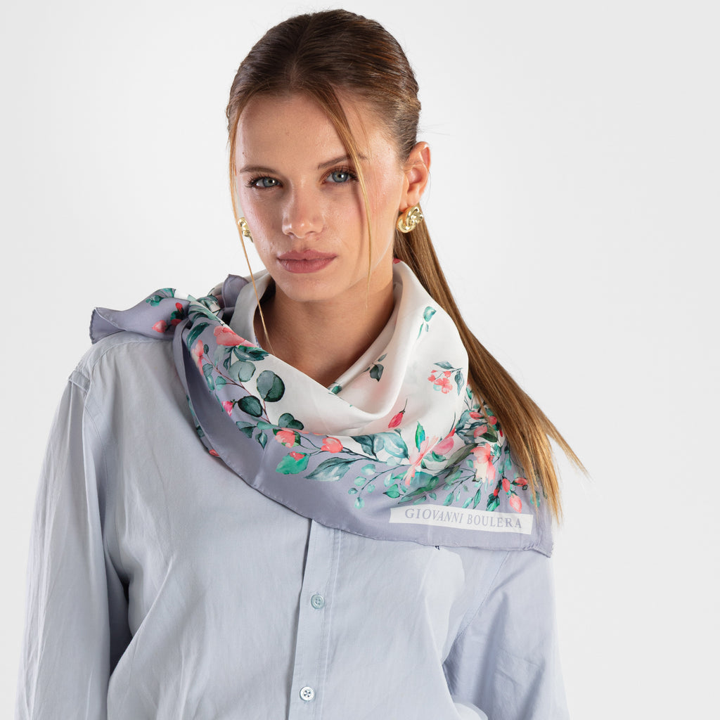 Giovanni Boulera Lavender Garden Mulberry Twill Silk Scarf 65 cm x 65 cm