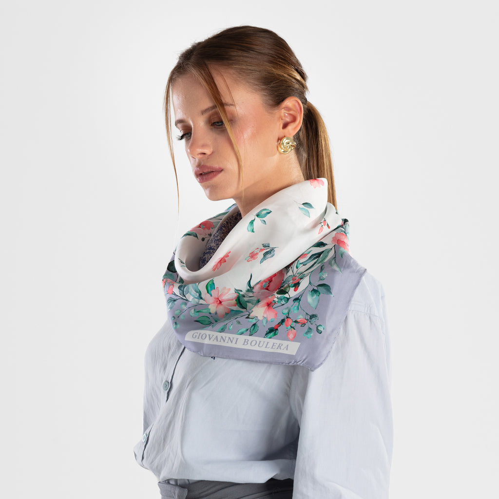 Giovanni Boulera Lavender Garden Mulberry Twill Silk Scarf 65 cm x 65 cm