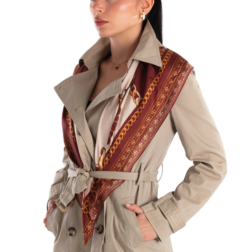 Giovanni Boulera Burgundy Gold Chain Pattern Mulberry Twill Silk Scarf 90x90 cm