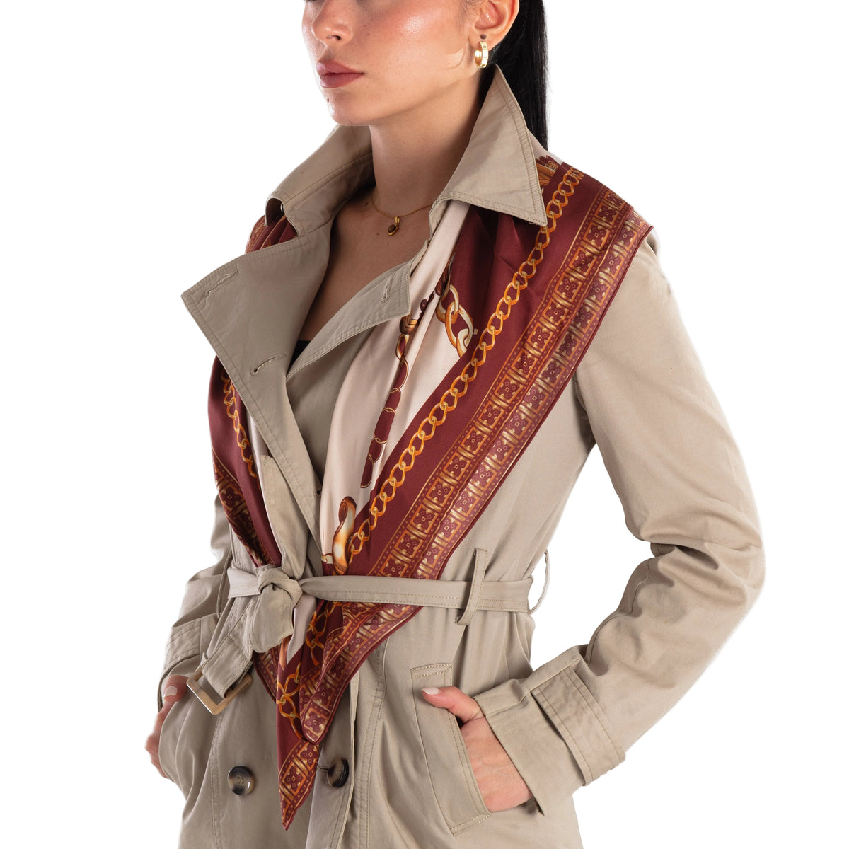 Giovanni Boulera Bordo Altın Zincir Desenli Mulberry Twill İpek Eşarp 90x90 cm