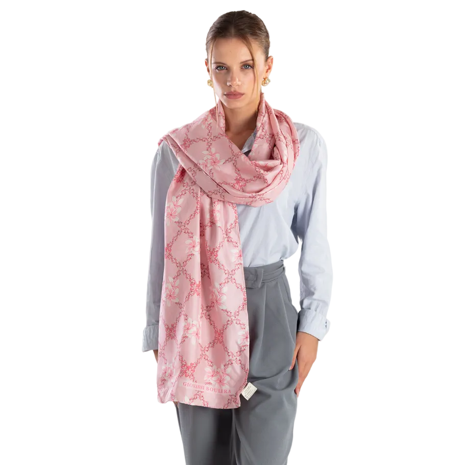 Giovanni Boulera Pink Floral Pattern Mulberry Twill Silk Scarf 200x65 cm