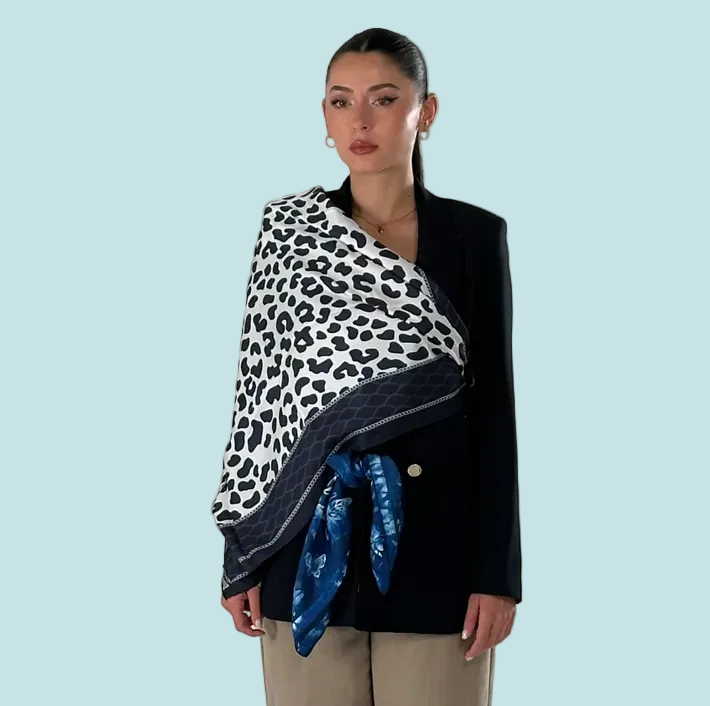 Giovanni Boulera Wild Elegance Zebra and Leopard Print Mulberry Twill Silk Scarf 90x90 cm