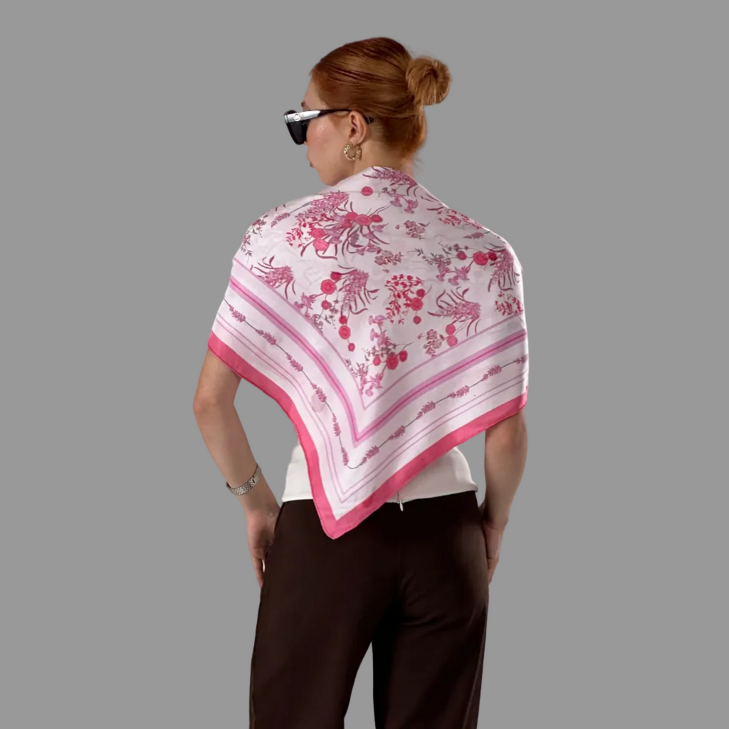 Giovanni Boulera Pembe Kır Çiçekleri Desenli Mulberry Twill İpek Eşarp 90x90 cm