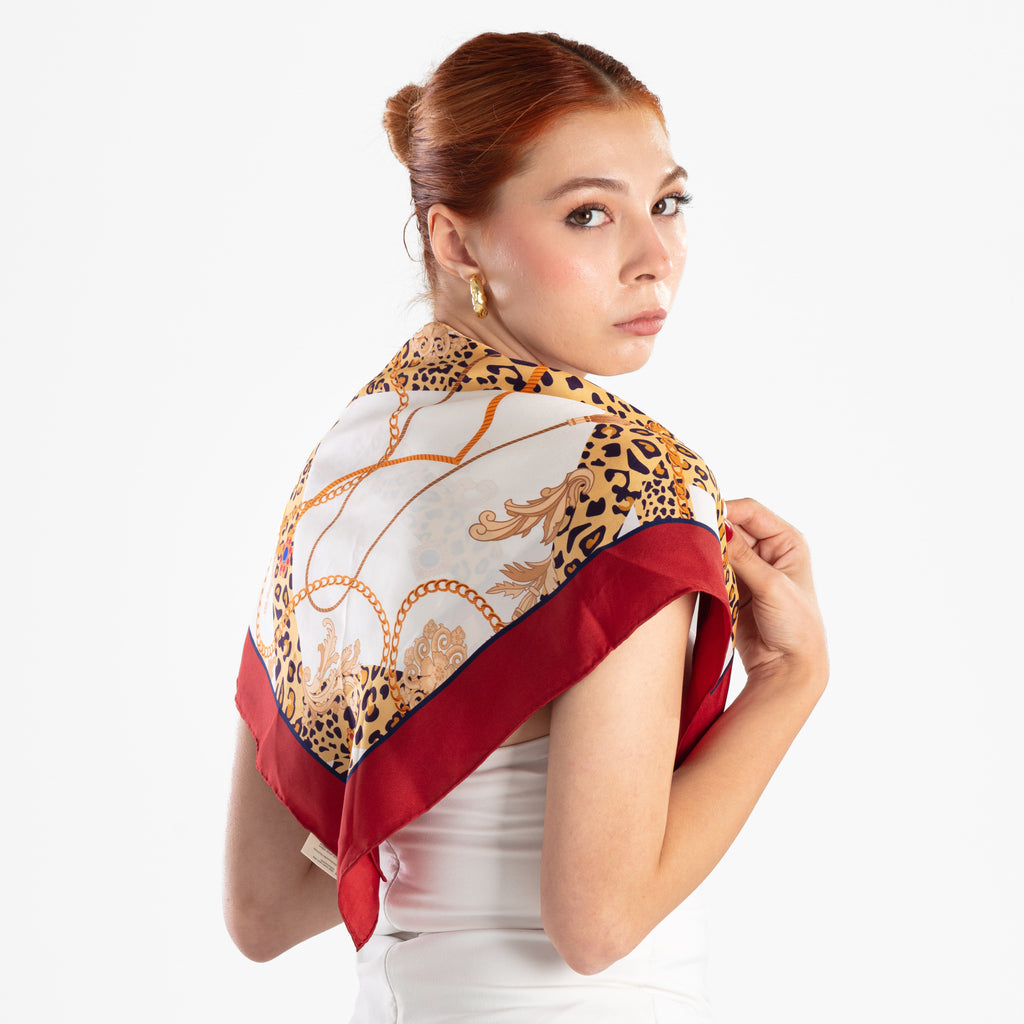 Giovanni Boulera Burgundy Leopard Chain Pattern Mulberry Twill Silk Scarf 65x65 cm