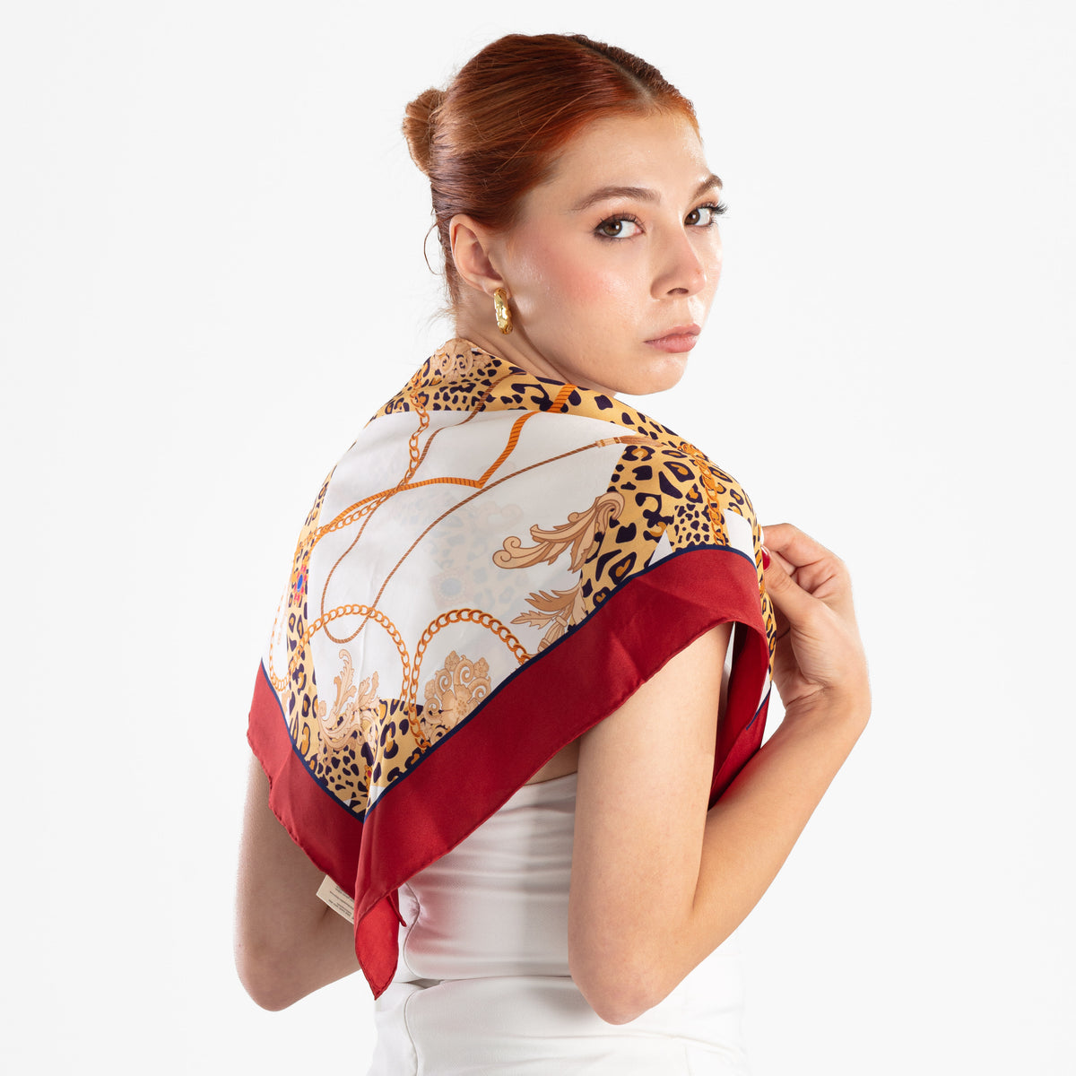 Giovanni Boulera Bordo Leopar Zincir Desenli Mulberry Twill İpek Eşarp 65x65 cm