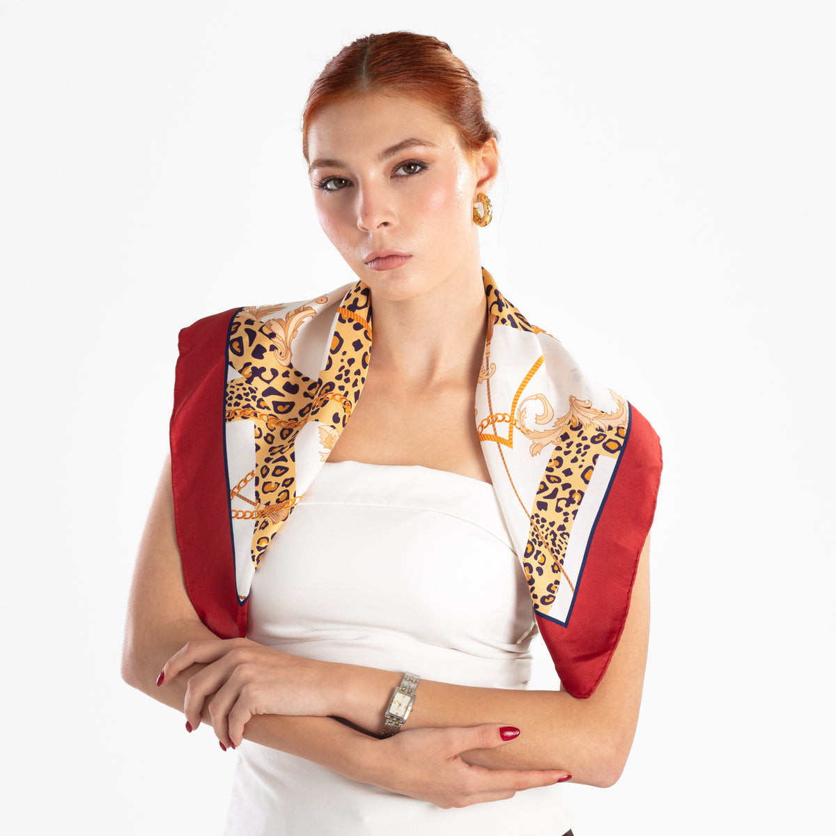 Giovanni Boulera Bordo Leopar Zincir Desenli Mulberry Twill İpek Eşarp 65x65 cm