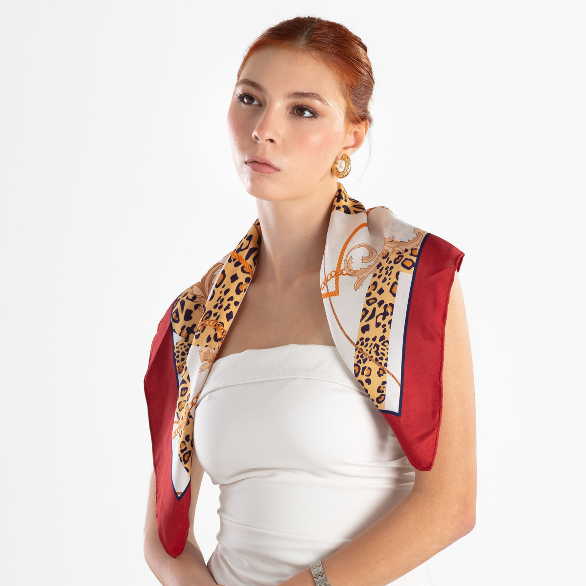 Giovanni Boulera Bordo Leopar Zincir Desenli Mulberry Twill İpek Eşarp 65x65 cm