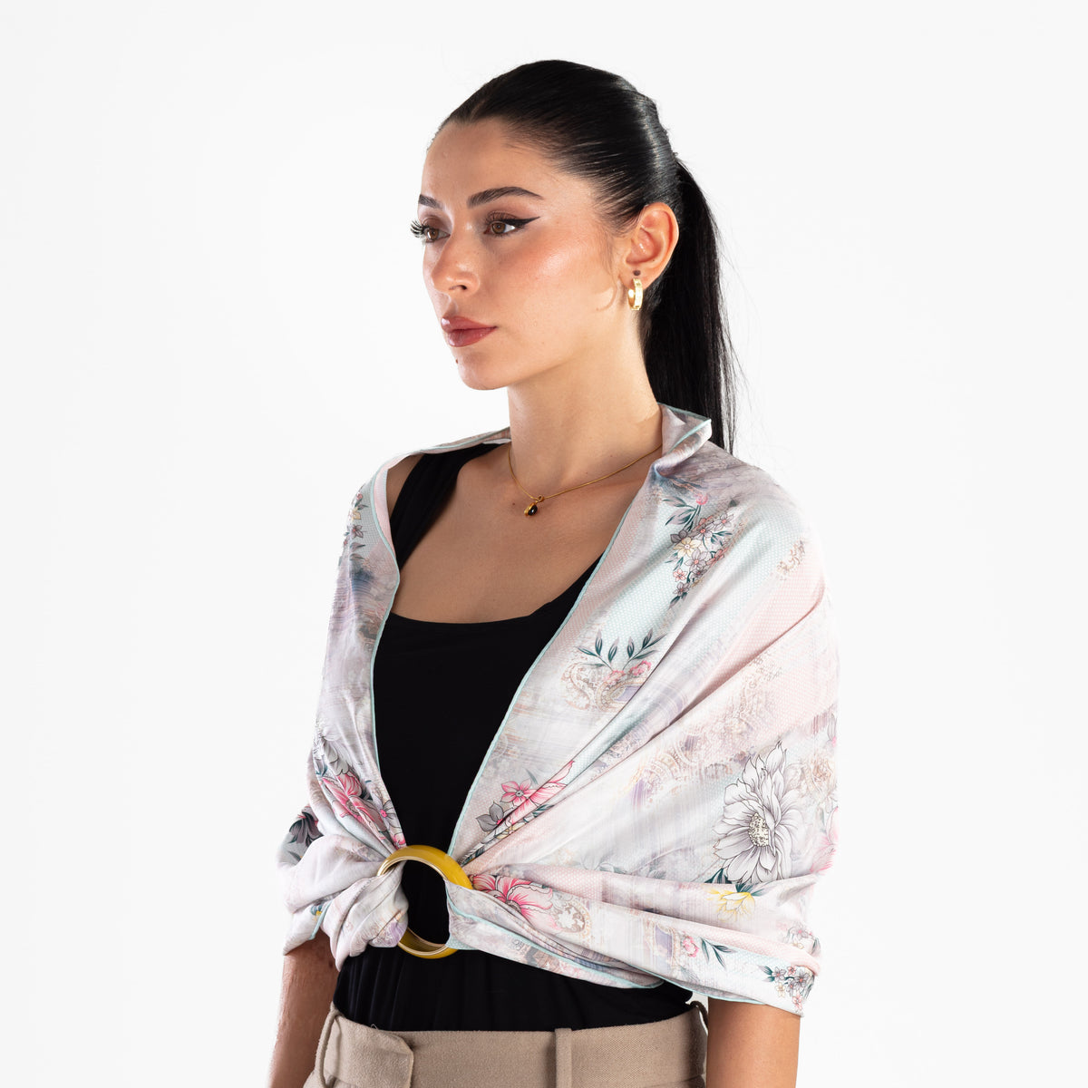 Giovanni Boulera Pudra Çiçek Bahçesi Desenli Mulberry Twill İpek Şal 200 cm x 65 cm