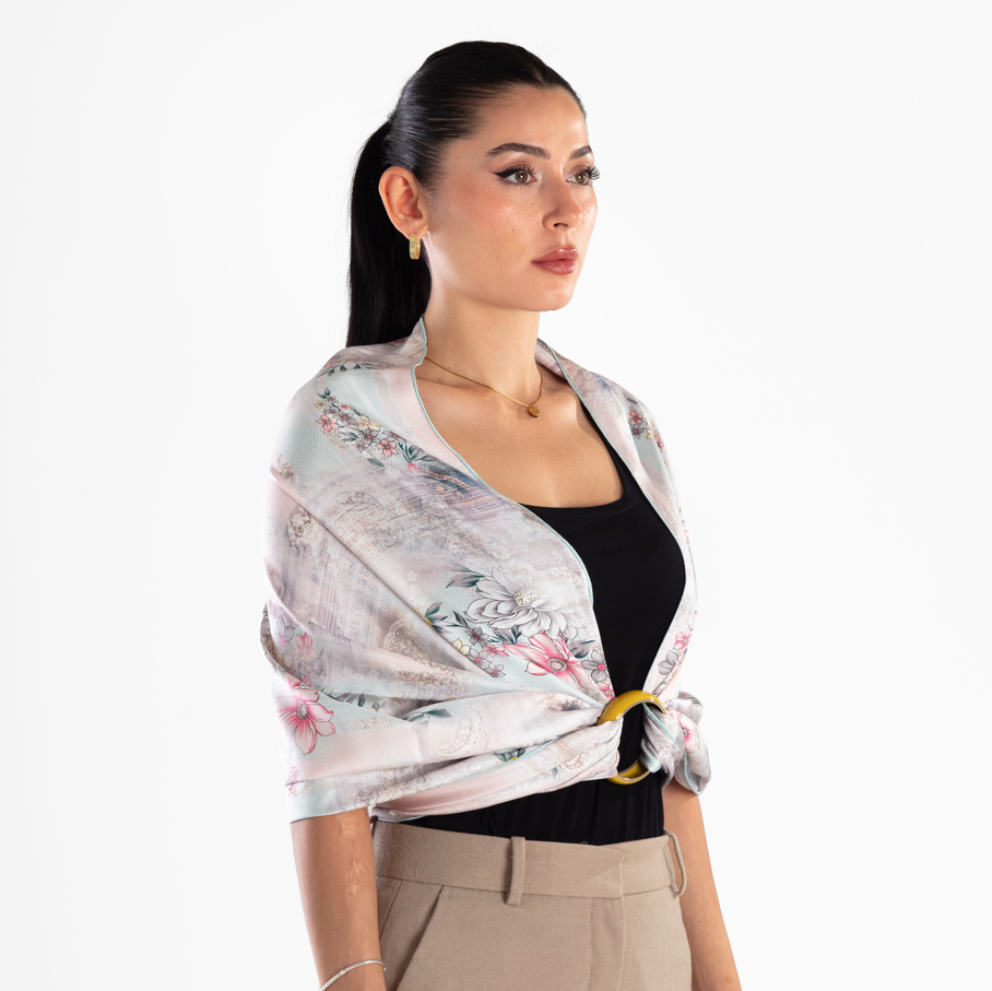 Giovanni Boulera Pudra Çiçek Bahçesi Desenli Mulberry Twill İpek Şal 200 cm x 65 cm