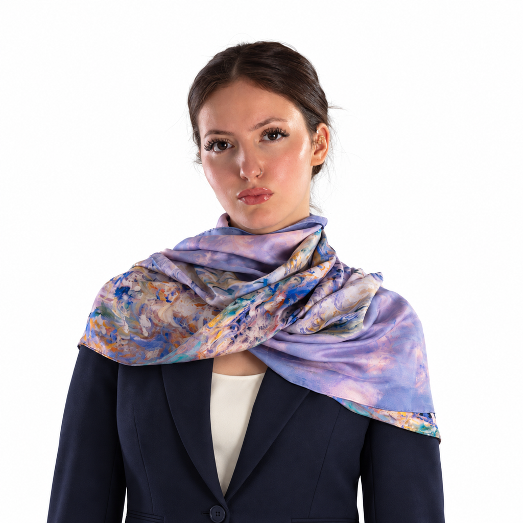 Giovanni Boulera Blue River Pattern Mulberry Silk Shawl 200x65 cm