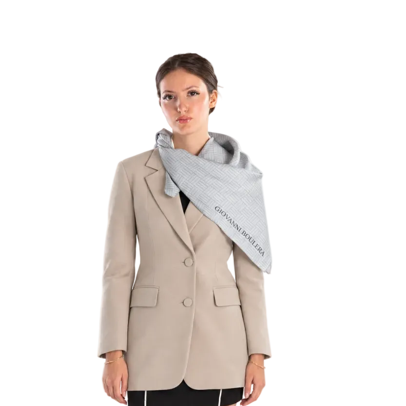 Giovanni Boulera Silver Knit Pattern Mulberry Twill Silk Scarf 90x90 cm