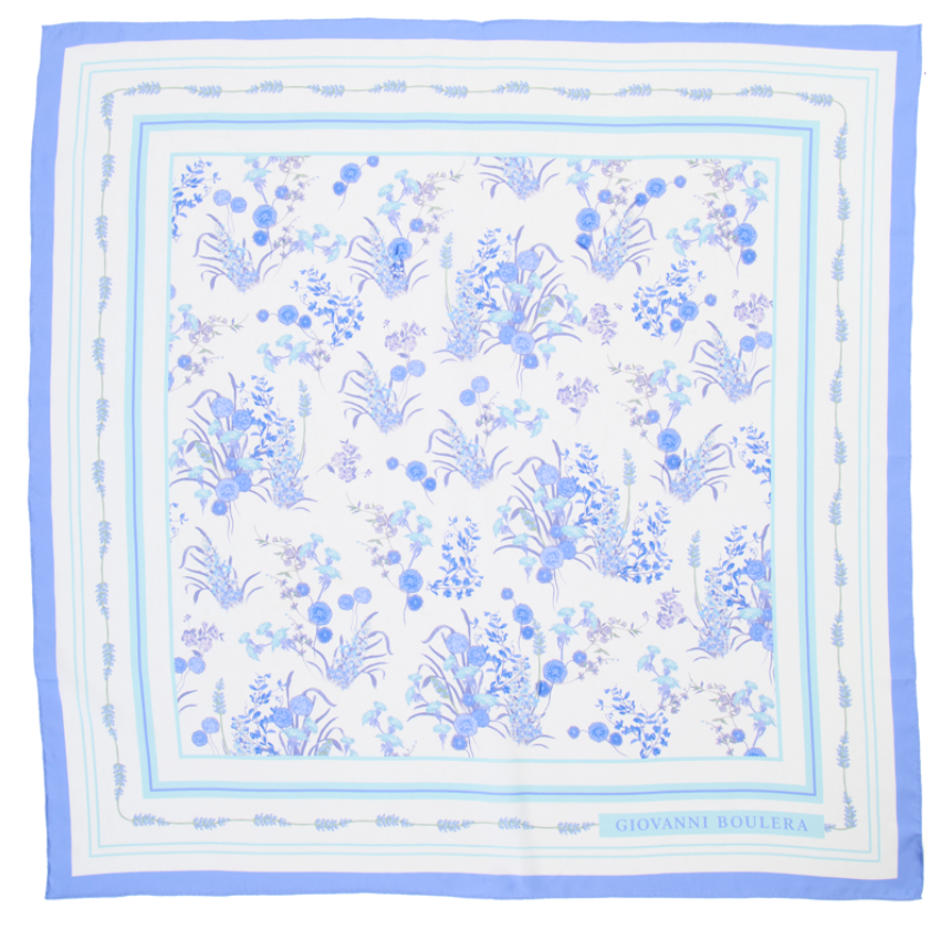 Giovanni Boulera Blue Wildflower Patterned Mulberry Twill Silk Scarf 90x90 cm