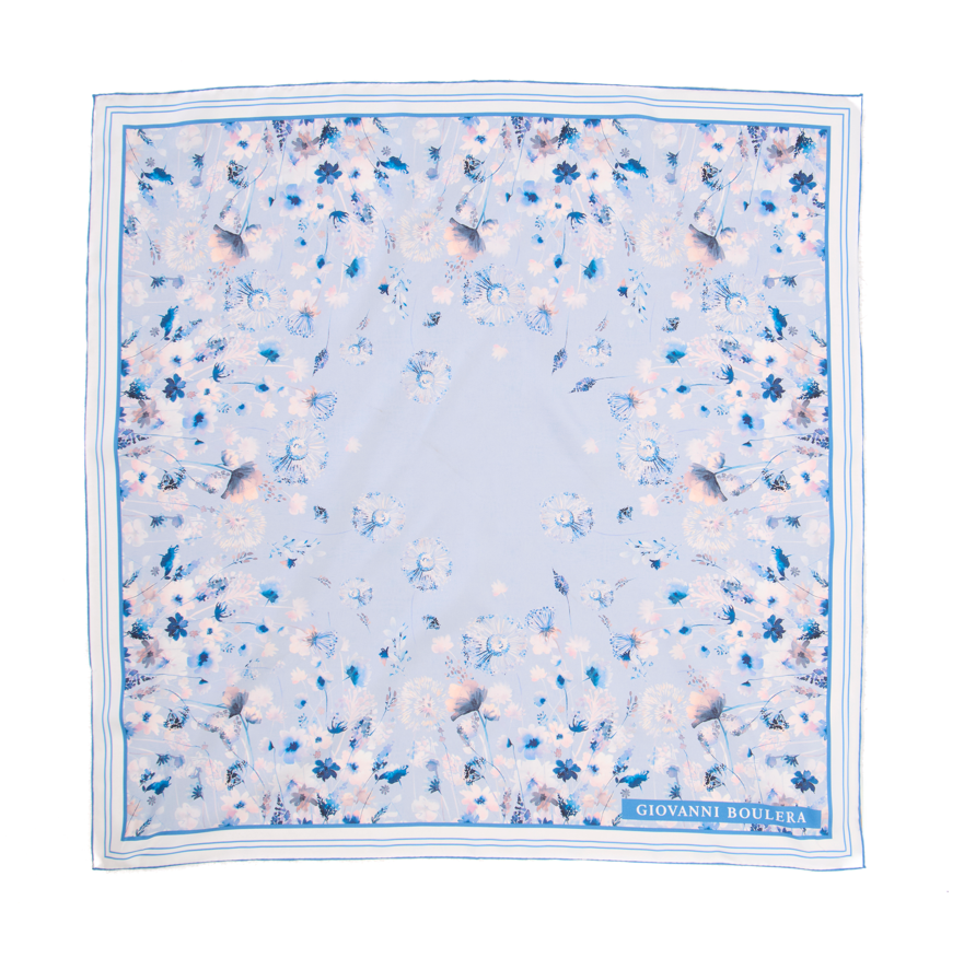 Giovanni Boulera Ice Blue Garden Pattern Mulberry Twill Silk Scarf 90x90 cm
