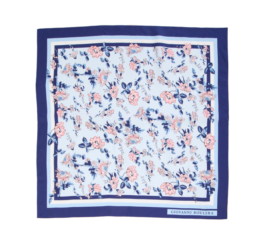 Giovanni Boulera Lacivert Pembe Bahçe Çiçekleri Desenli Mulberry Twill İpek Eşarp 90x90 cm