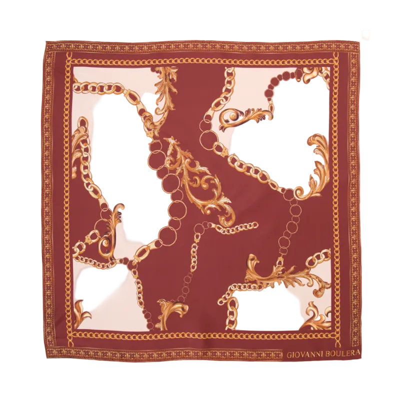 Giovanni Boulera Burgundy Gold Chain Pattern Mulberry Twill Silk Scarf 90x90 cm