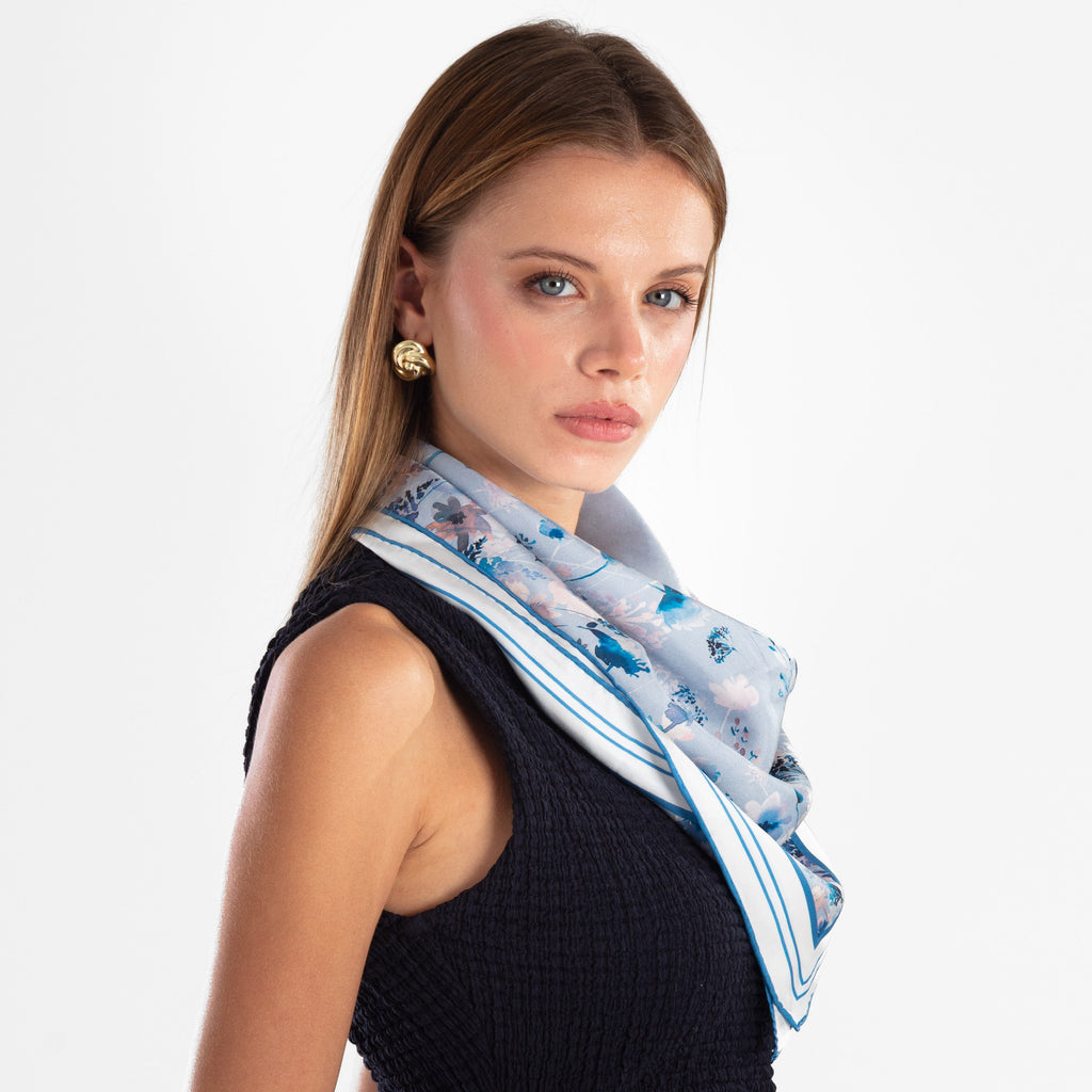 Giovanni Boulera Ice Blue Garden Pattern Mulberry Twill Silk Scarf 90x90 cm