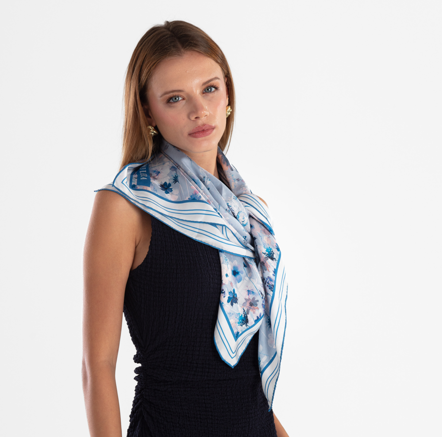 Giovanni Boulera Ice Blue Garden Pattern Mulberry Twill Silk Scarf 90x90 cm