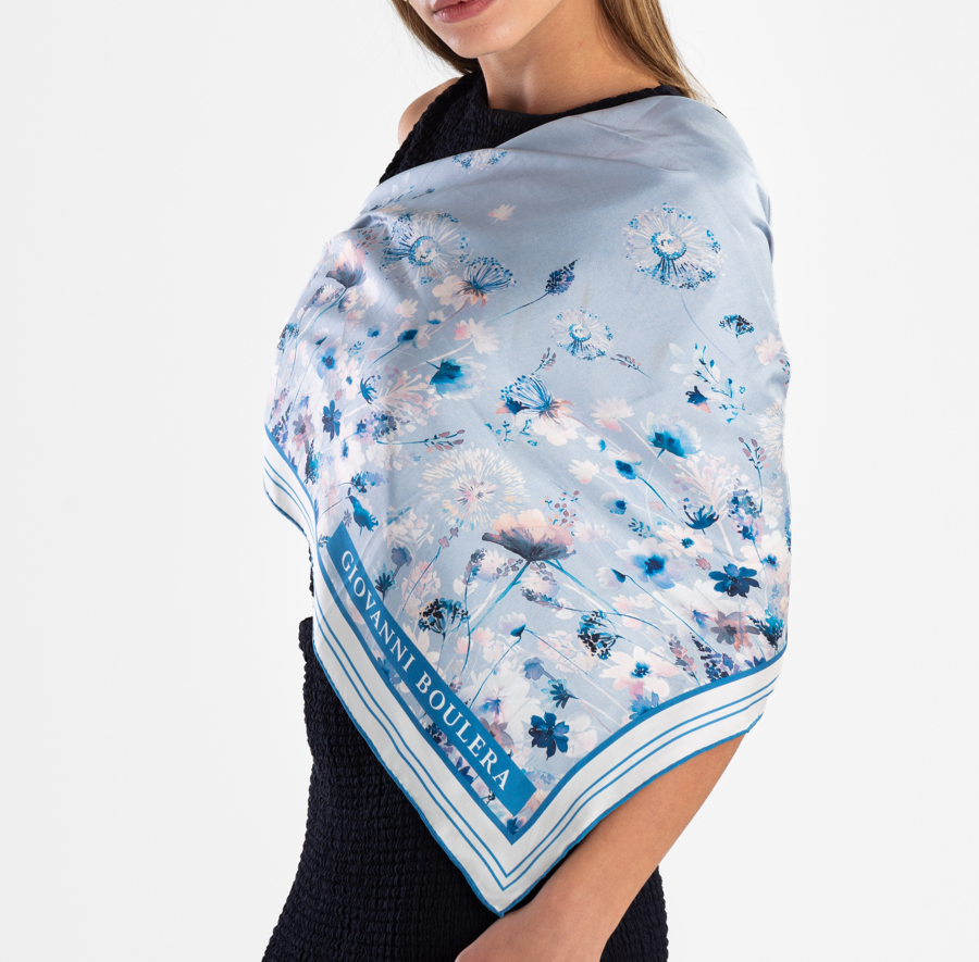Giovanni Boulera Ice Blue Garden Pattern Mulberry Twill Silk Scarf 90x90 cm