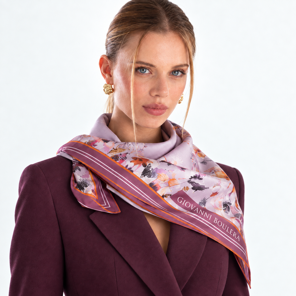 Giovanni Boulera Lila Garden Pattern Mulberry Twill Silk Scarf 90 x 90 cm